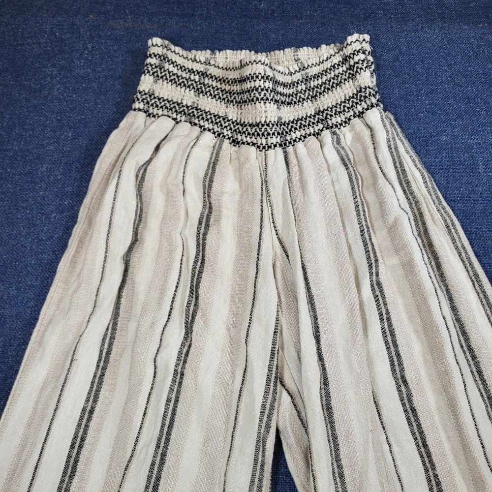 Rewash Womens XS Linen Blend Wide Leg Smocked Waist Striped Pants Beige Black - Picture 4 of 7